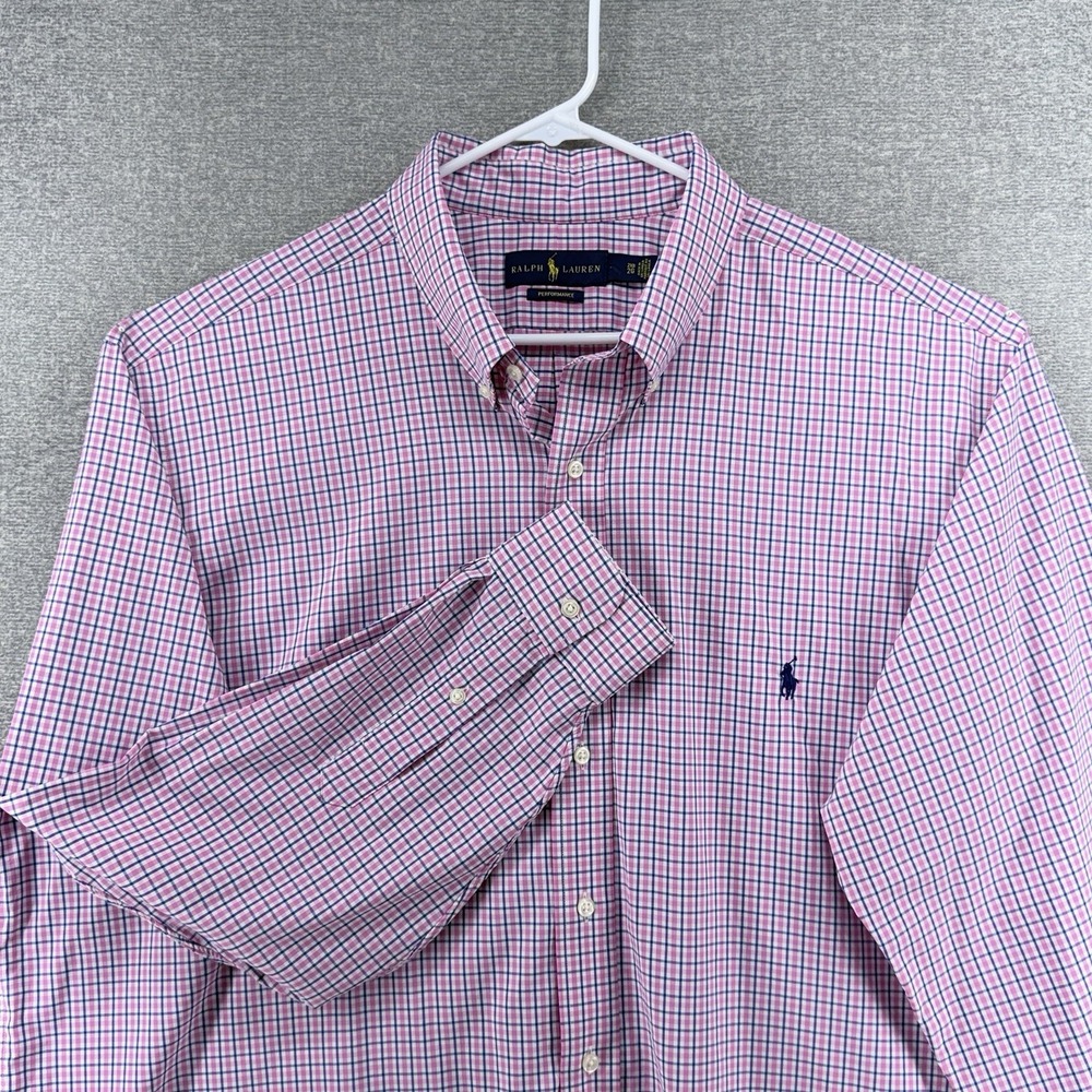 Ralph Lauren Performance Shirt Long Sleeve Men Size 2XB Pink Check Button Up
